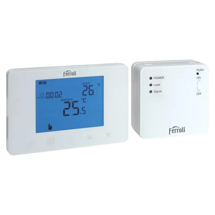 Termostat de ambient pentru centrala, wireless, Ferroli FER209, afisaj digital, touchscreen, 4 x 1.5 AAA, 230 V