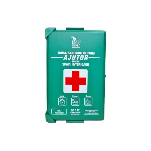 Trusa sanitara prim ajutor Kraftmann DIN 13157:2021 avizata A.N.M.D.M.R. pentru spatii interioare cu suport montare
