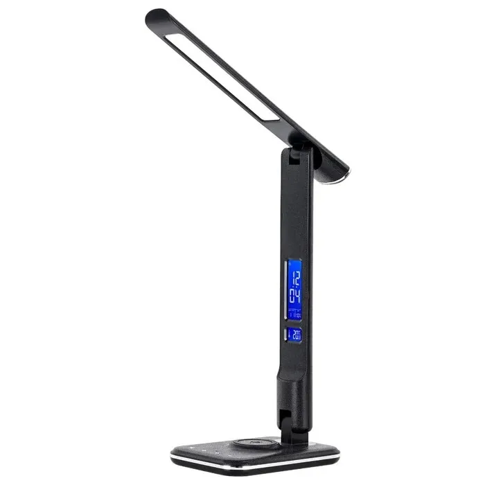 Veioza LED Hoff Noire, 5.5 W, 430 lm, lumina calda / neutra / rece, dimabil, incarcator wireless, afisare temperatura, ceas, data, alarma, negru, modern