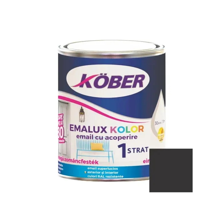 Vopsea alchidica pentru lemn / metal, Kober Emalux Kolor, interior / exterior, negru, 0.75 L