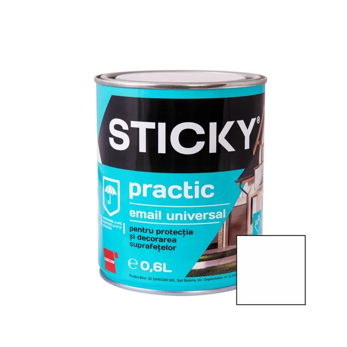 Vopsea alchidica pentru lemn / metal, Sticky Practic, interior / exterior, alba, 0.6 L