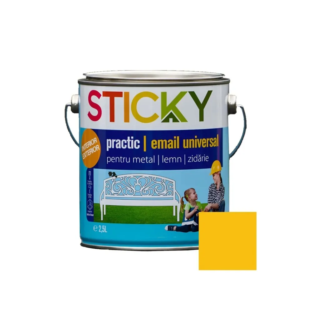 Vopsea alchidica pentru lemn / metal, Sticky Practic, interior / exterior, galben, 2.5 L