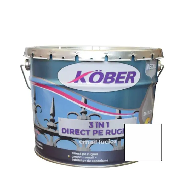 Vopsea alchidica pentru metal Kober 3 in 1 direct pe rugina, interior / exterior, alb, 10 L