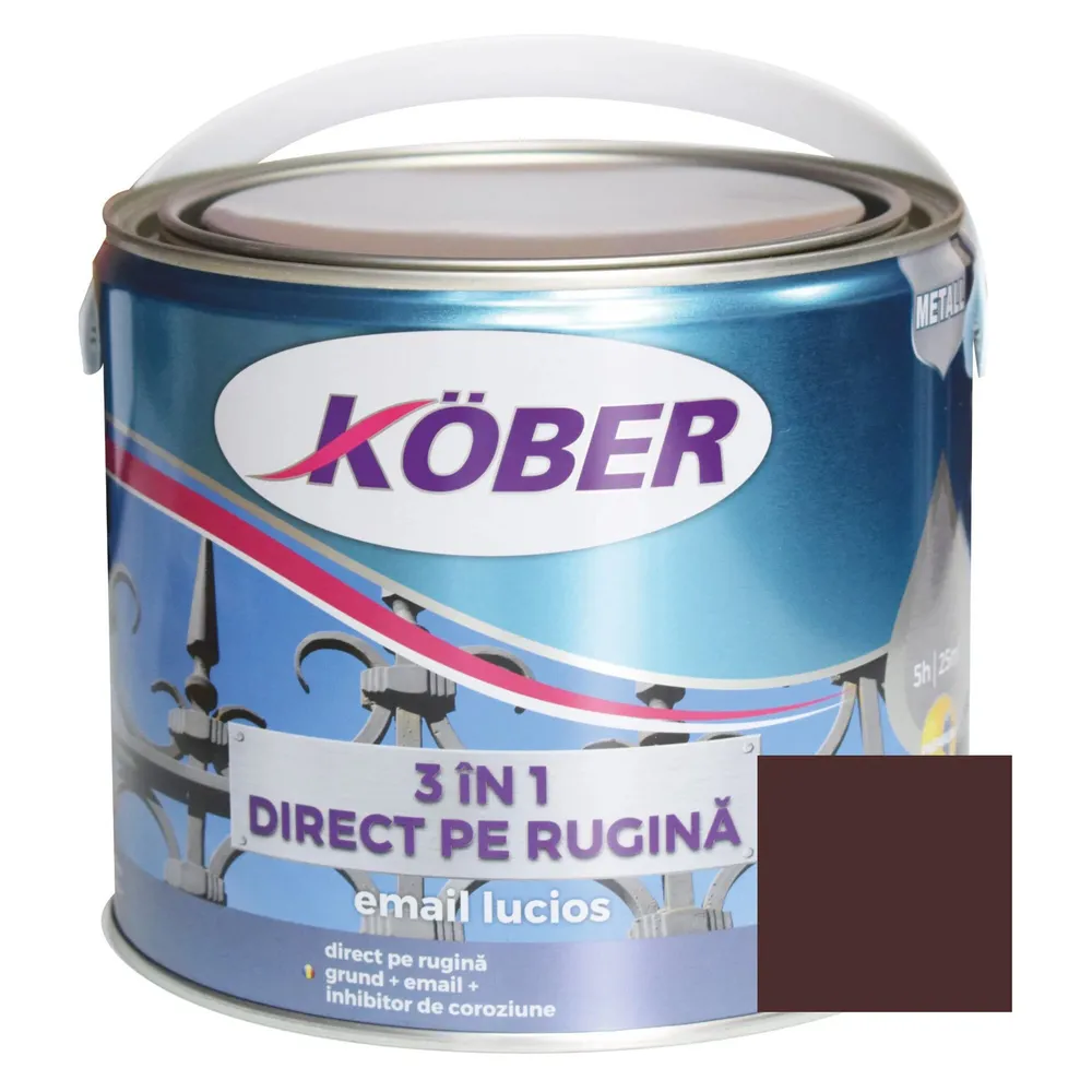 Vopsea alchidica pentru metal Kober 3 in 1 direct pe rugina, interior / exterior, brun, 2.5 L