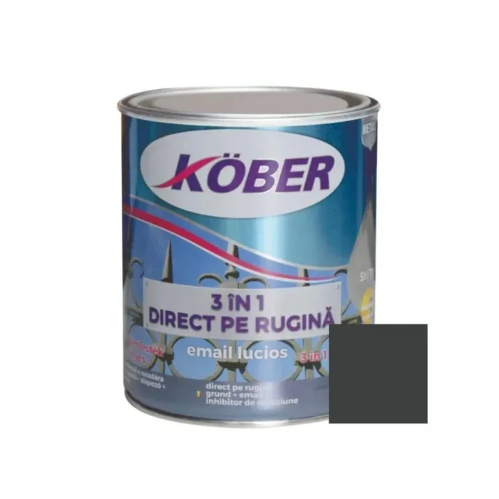 Vopsea alchidica pentru metal Kober 3 in 1 direct pe rugina, interior / exterior, gri antracit, 0.75 L