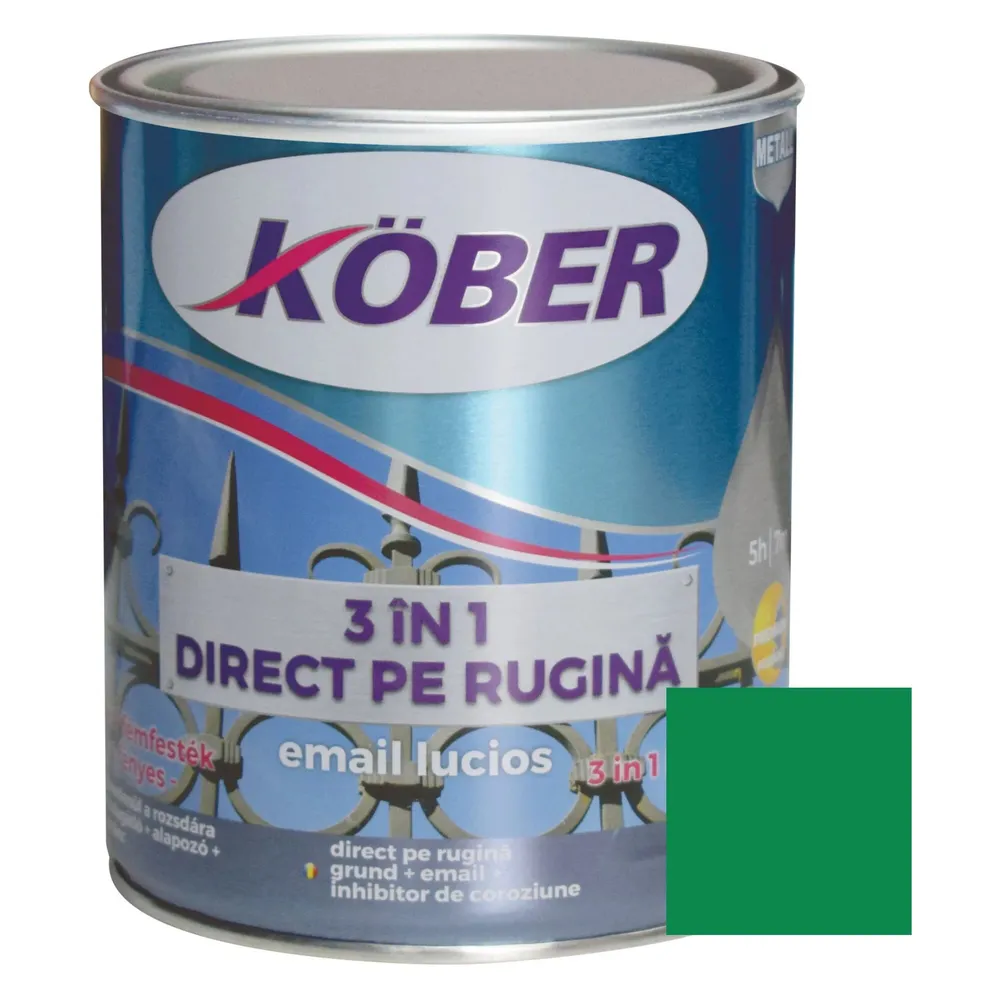 Vopsea alchidica pentru metal Kober 3 in 1 direct pe rugina, interior / exterior, verde, 0.75 L