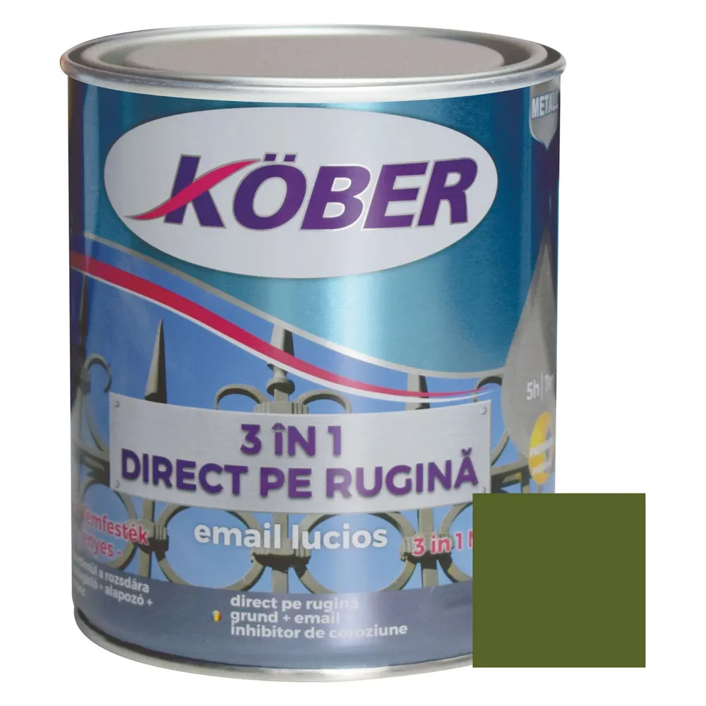 Vopsea alchidica pentru metal Kober 3 in 1 direct pe rugina, interior / exterior, verde oliv, 0.75 L