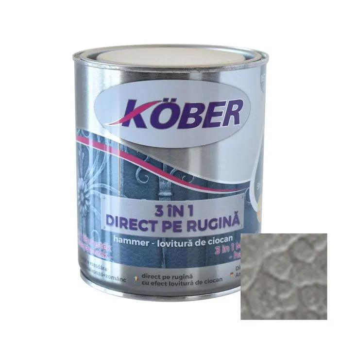 Vopsea alchidica pentru metal Kober Hammer 3 in 1 direct pe rugina, efect lovitura de ciocan, interior / exterior, argintiu E81180, 0.75 L
