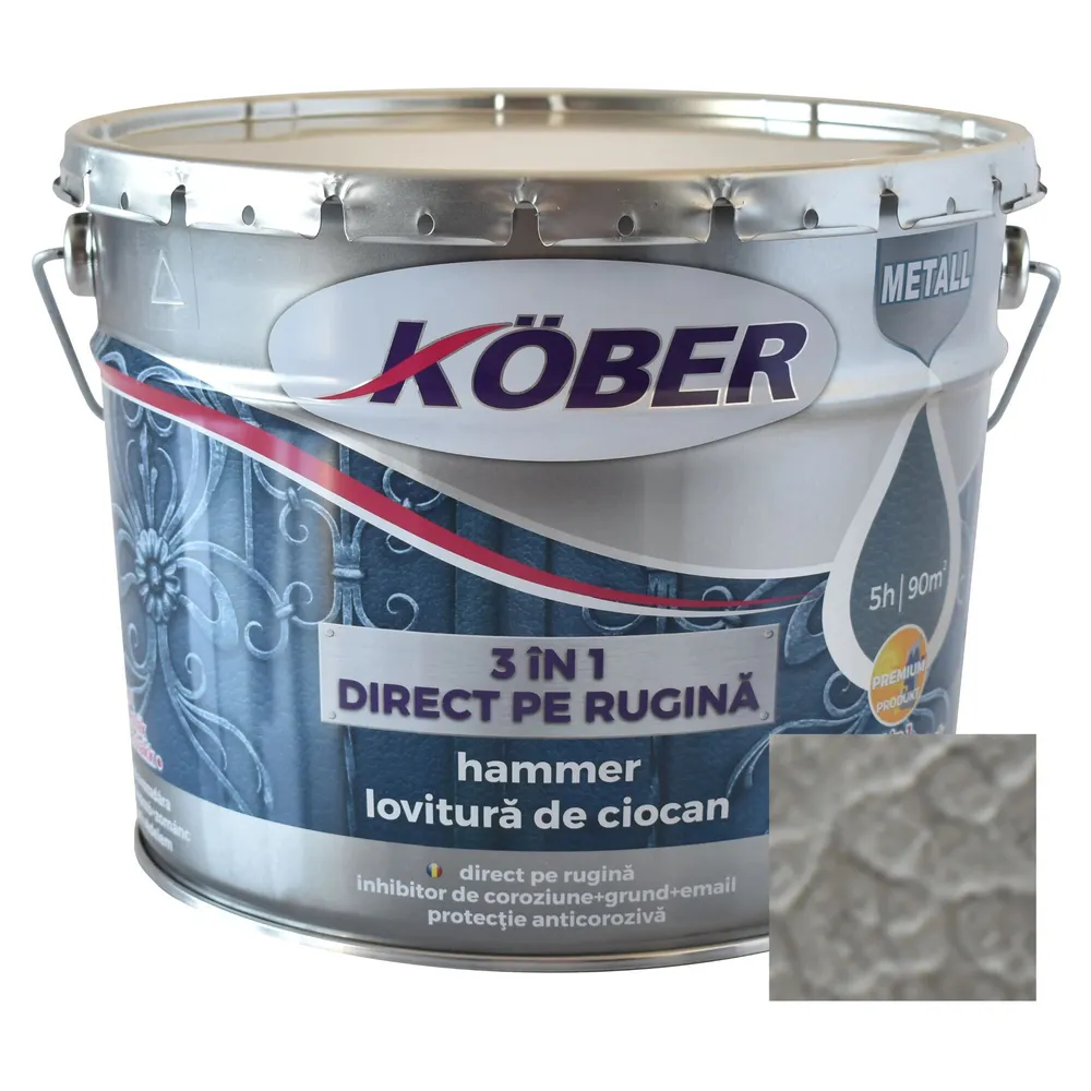 Vopsea alchidica pentru metal Kober Hammer 3 in 1 direct pe rugina, efect lovitura de ciocan, interior / exterior, argintiu E81180, 10 L