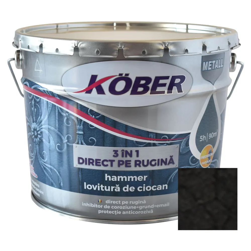Vopsea alchidica pentru metal Kober Hammer 3 in 1 direct pe rugina, efect lovitura de ciocan, interior / exterior, negru E81900, 10 L