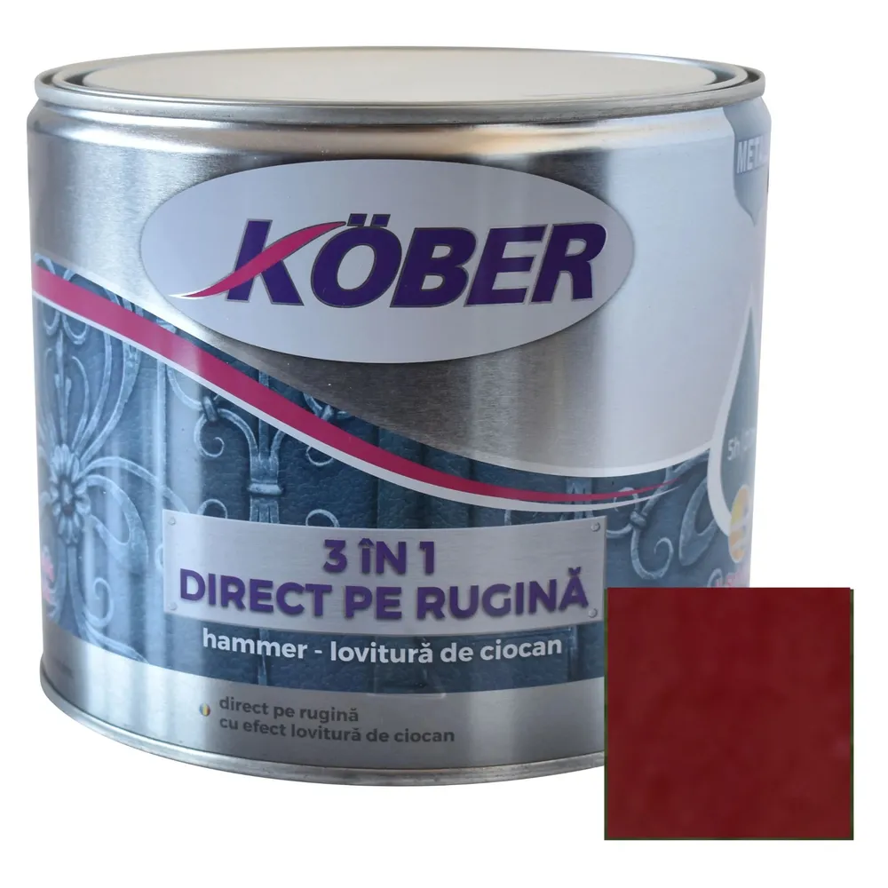 Vopsea alchidica pentru metal Kober Hammer 3 in 1 direct pe rugina, efect lovitura de ciocan, interior / exterior, rosu bordeaux E81200, 2.5 L
