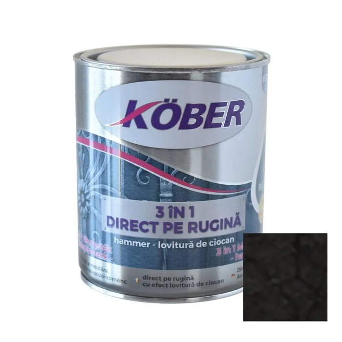 Vopsea alchidica pentru metal Kober Hammer 3 in 1 direct pe rugina, efect lovitura de ciocan, interior / exterior, negru E81900, 0.75 L