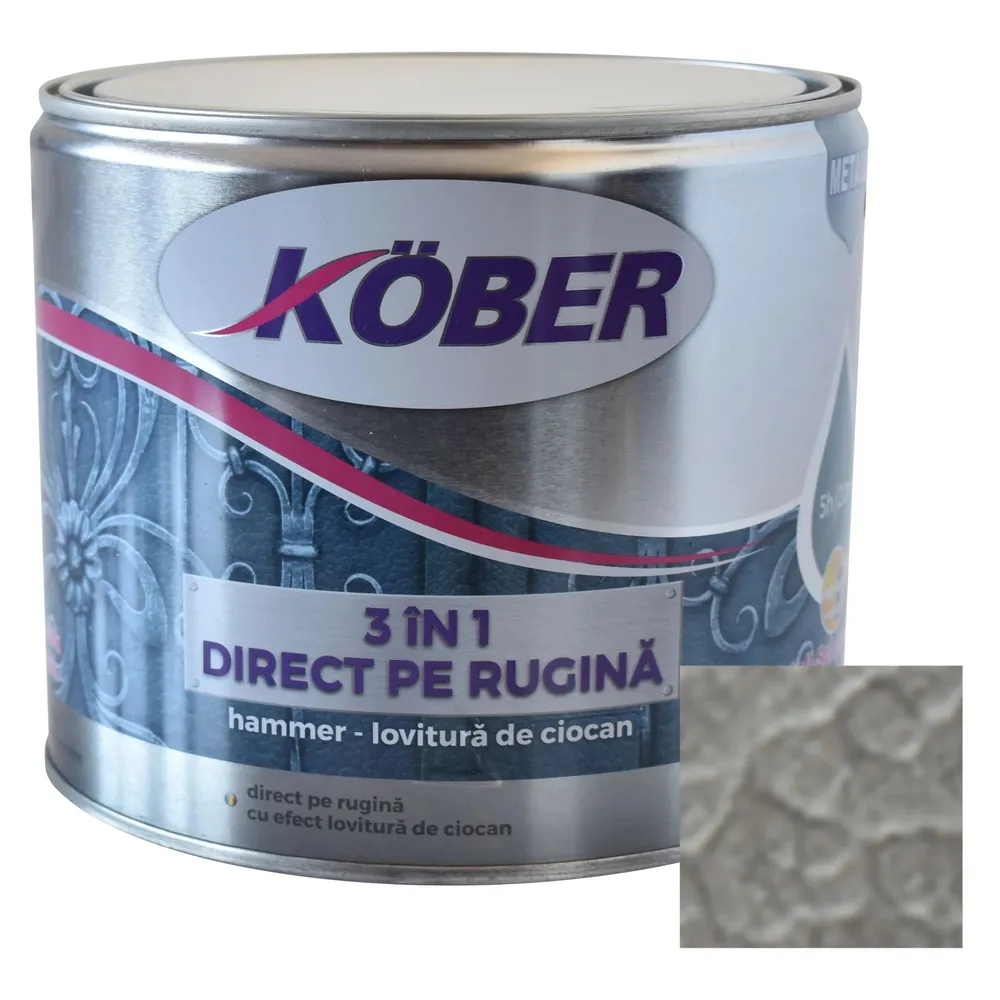 Vopsea alchidica pentru metal Kober Hammer, efect lovitura de ciocan, interior / exterior, argintiu E81180, 2.5 L