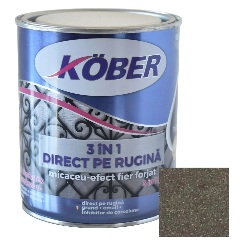 Vopsea alchidica pentru metal Kober Micaceu, efect fier forjat, interior / exterior, brun fumuriu, 0.75 L