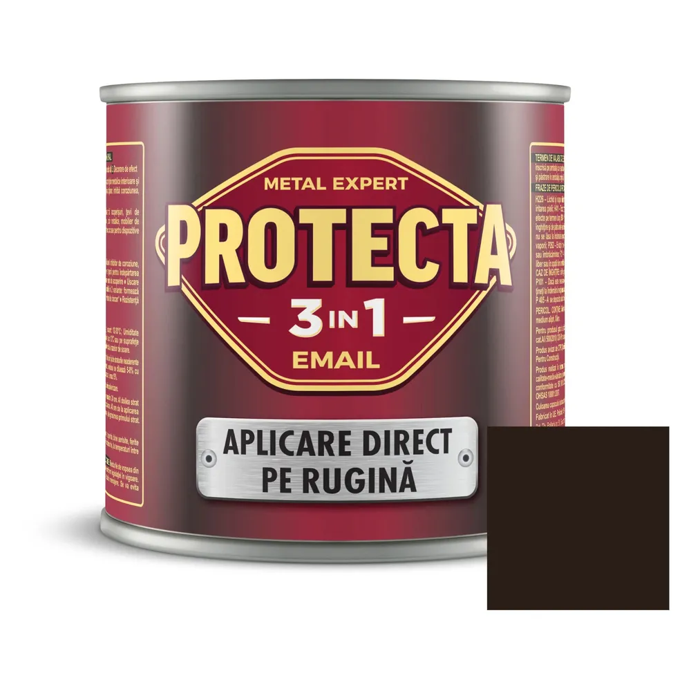 Vopsea alchidica pentru metal, Protecta 3 in 1 direct pe rugina, interior / exterior, maro inchis, 0.5 L