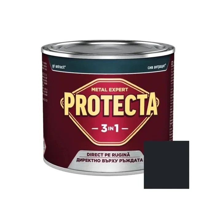 Vopsea alchidica pentru metal, Protecta 3 in 1 direct pe rugina, interior / exterior, gri antracit, 0.5 L