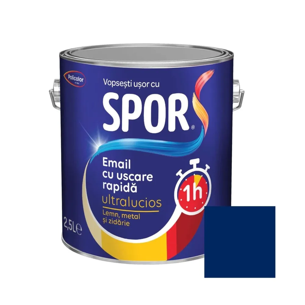 Vopsea alchidica pentru metal, Spor, cu uscare, rapida, ultralucios, interior / exterior, albastru, 2.5 L
