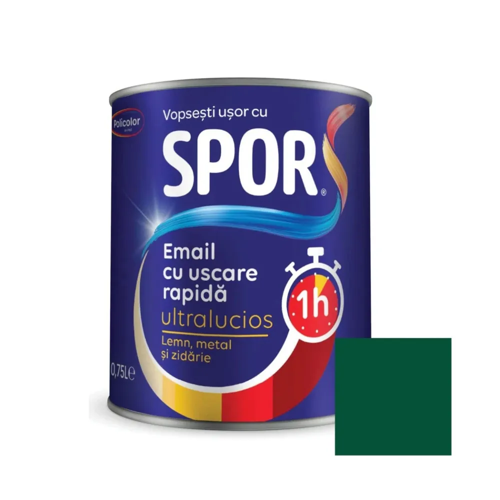 Vopsea alchidica pentru metal, Spor, cu uscare, rapida, ultralucios, interior / exterior, verde, 0.75 L