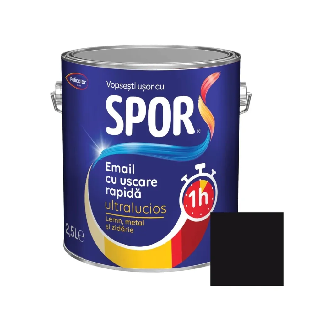 Vopsea alchidica pentru metal, Spor, cu uscare, rapida, ultralucios, interior / exterior, negru, 2.5 L