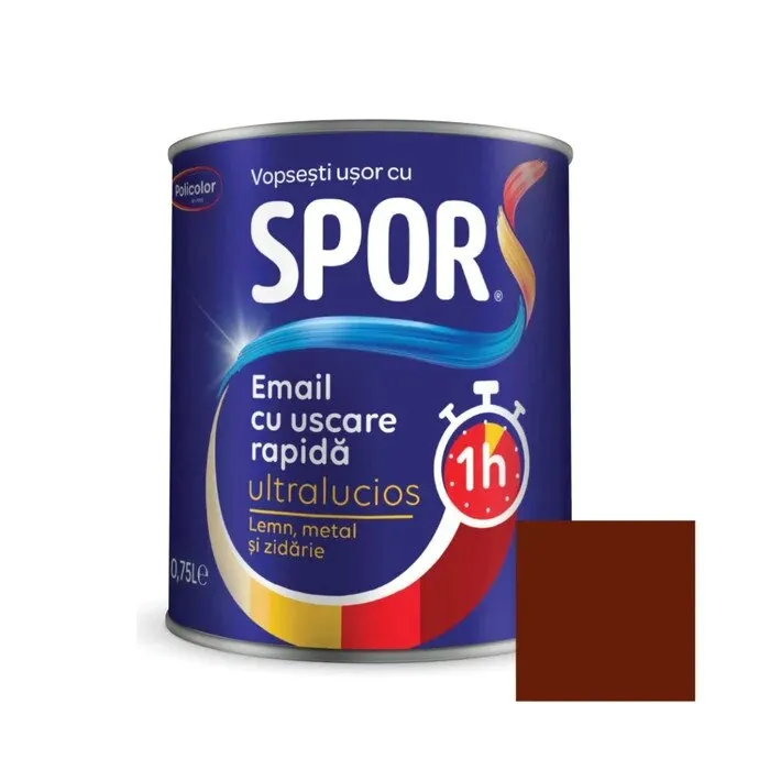 Vopsea alchidica pentru metal, Spor, cu uscare, rapida, ultralucios, interior /, exterior, maro roscat, 0.75 L