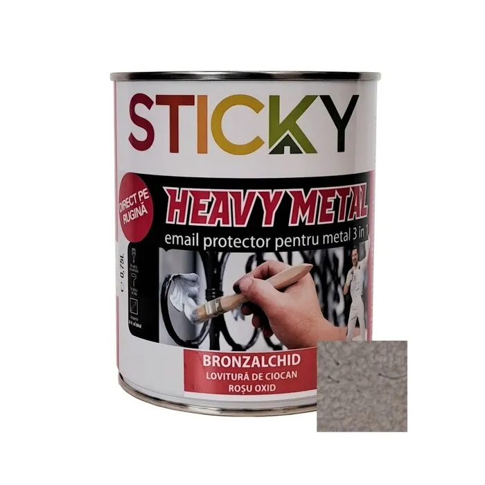 Vopsea alchidica pentru metal Sticky Bronzalchid 3 in 1, lovitura de ciocan, interior / exterior, argintiu, 0.75 L