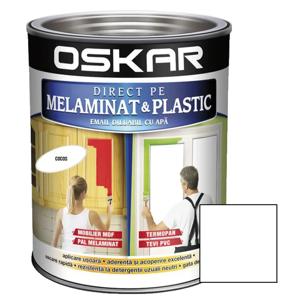 Vopsea Direct pe melaminat si plastic Oskar, interior, alb / cocos, 0.6 L