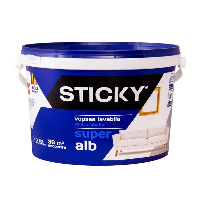 Vopsea lavabila interior, Sticky, alb, 2.5 L