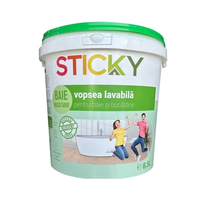 Vopsea lavabila interior, Sticky, antimucegai, baie si bucatarie, alba, 8.5 L