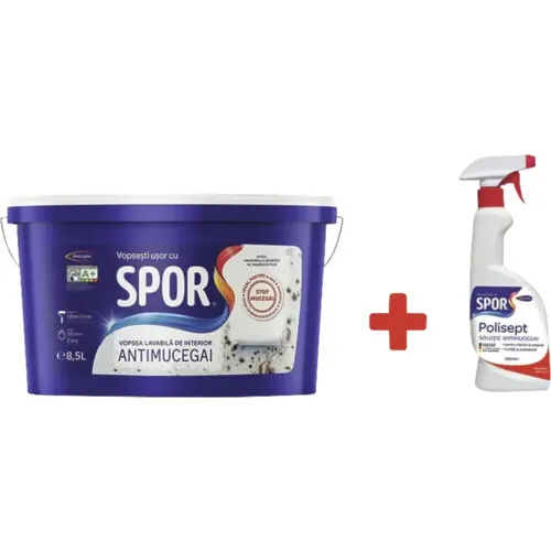 Vopsea lavabila pentru interior Spor Antimucegai 8, 5 l + solutie antimucegai Polisept 0, 5 l