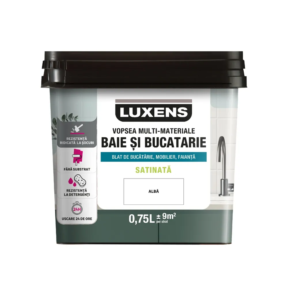 Vopsea multi-materiale, pe baza de apa Luxens, pentru baie si bucatarie, alb, aspect satinat, 0.75 L