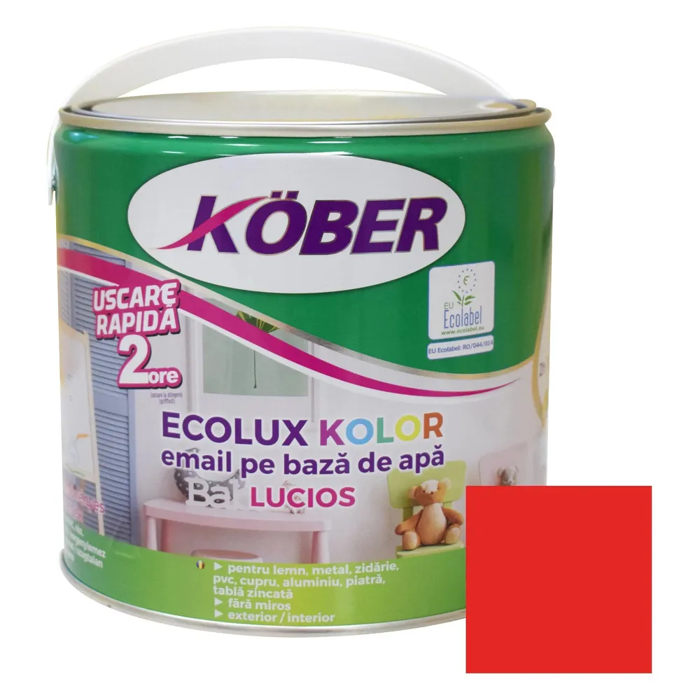 Vopsea pentru lemn / metal, Kober Ecolux Kolor, interior / exterior, pe baza de apa, lucios, rosu, 2.5 L