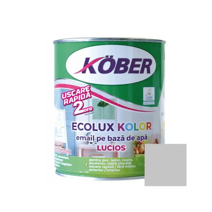 Vopsea pentru lemn / metal, Kober Ecolux Kolor, interior / exterior, pe baza de apa, lucios, gri, 0.6 L
