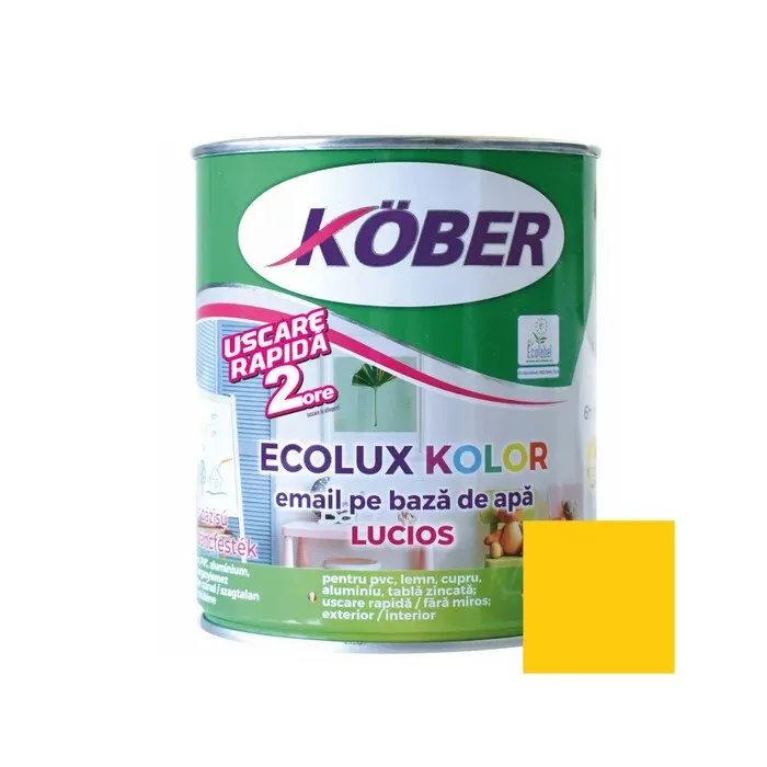 Vopsea pentru lemn / metal, Kober Ecolux Kolor, interior / exterior, pe baza de apa, lucios, galben, 0.6 L