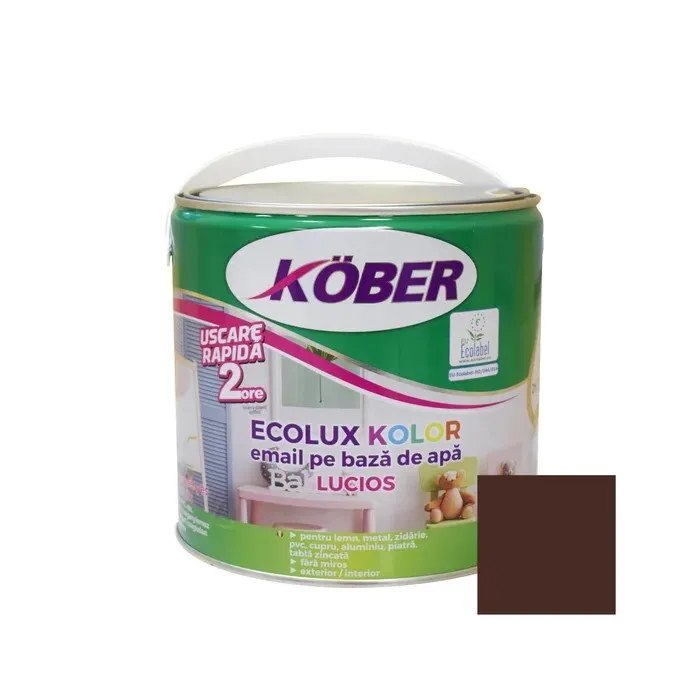 Vopsea pentru lemn / metal, Kober Ecolux Kolor, interior / exterior, pe baza de apa, lucios, brun, 2.5 L