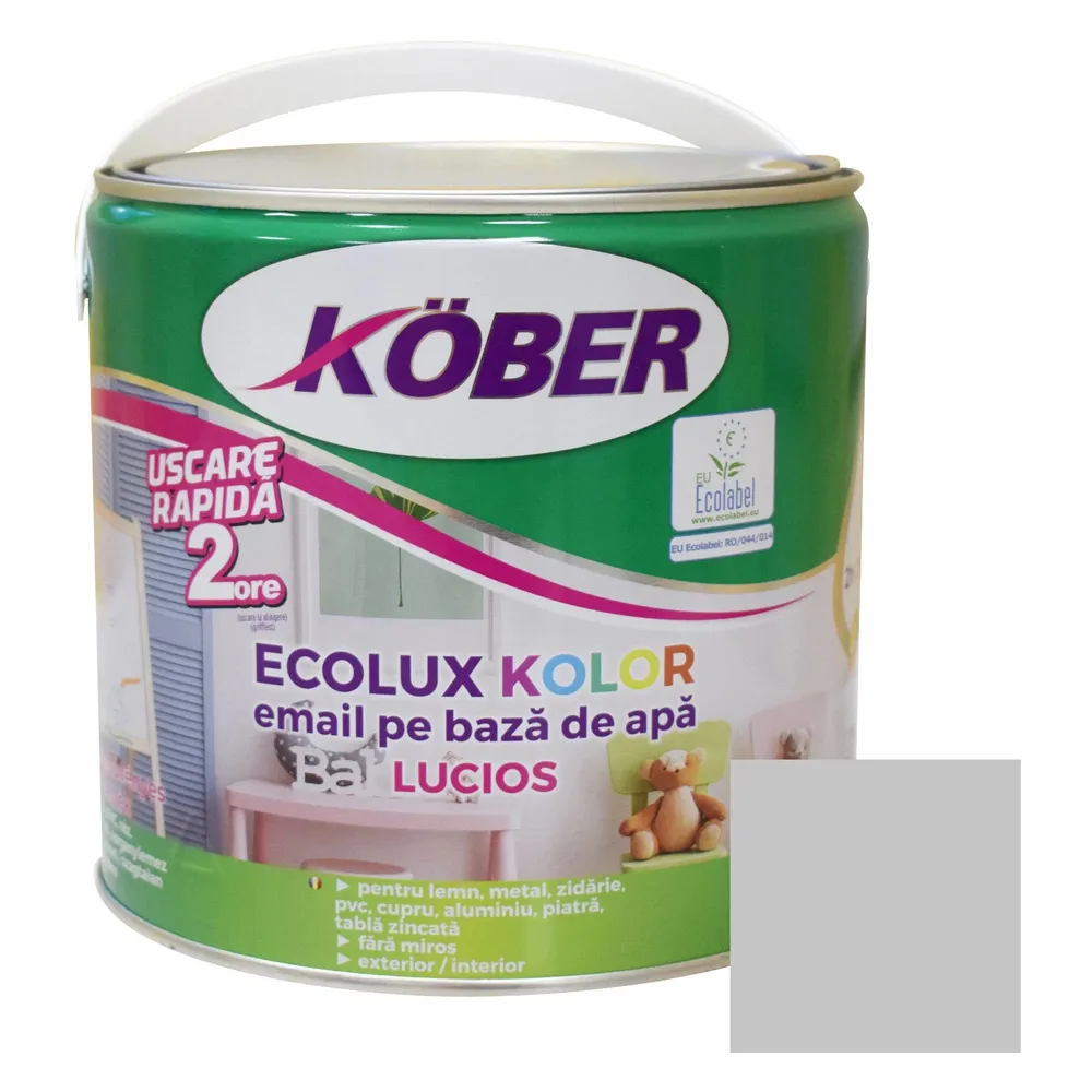Vopsea pentru lemn / metal, Kober Ecolux Kolor, interior / exterior, pe baza de apa, lucios, gri, 2.5 L