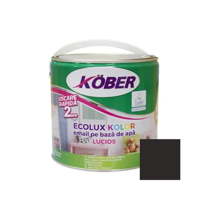 Vopsea pentru lemn / metal, Kober Ecolux Kolor, interior / exterior, pe baza de apa, lucios, negru, 2.5 L