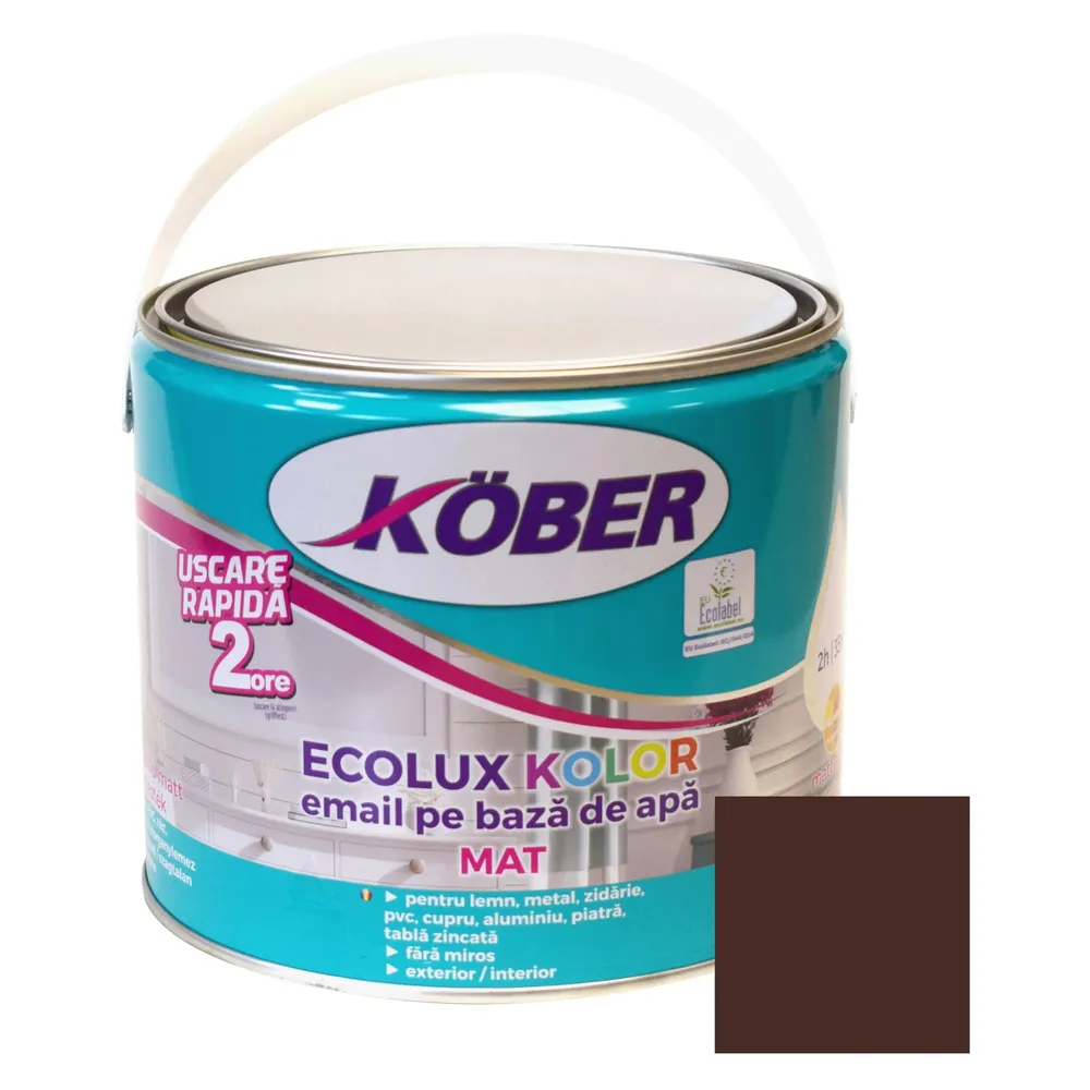 Vopsea pentru lemn / metal, Kober Ecolux Kolor, interior / exterior, pe baza de apa, mat, brun, 2.5 L