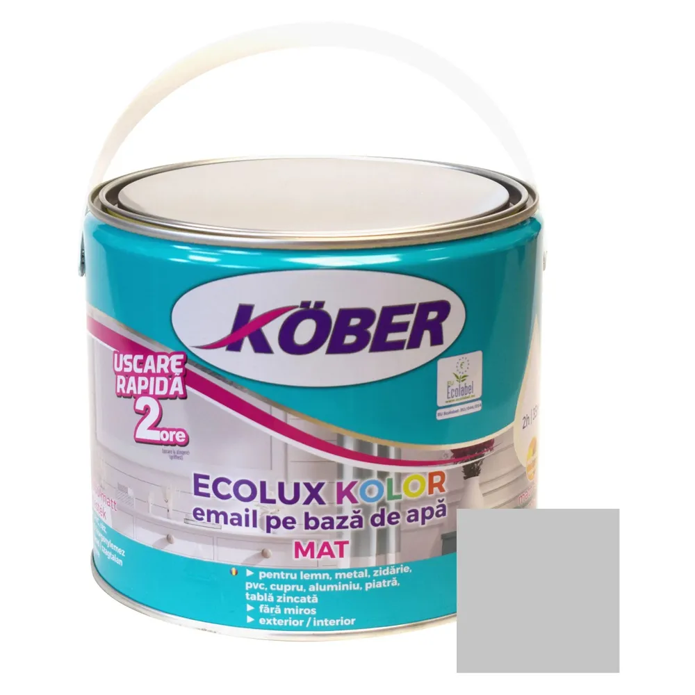 Vopsea pentru lemn / metal, Kober Ecolux Kolor, interior / exterior, pe baza de apa, mat, gri, 2.5 L