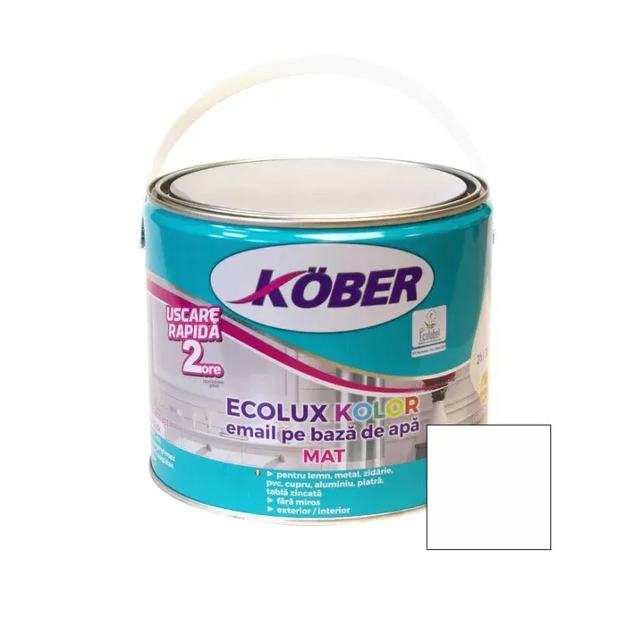 Vopsea pentru lemn / metal, Kober Ecolux Kolor, interior / exterior, pe baza de apa, mat, alb, 2.5 L