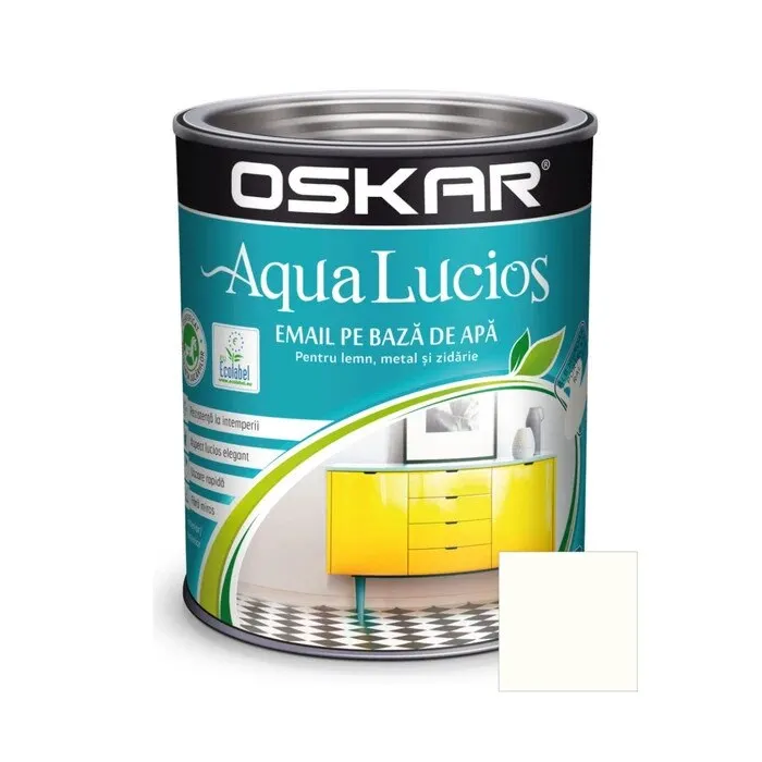 Vopsea pentru lemn / metal, Oskar Aqua Lucios, interior / exterior, pe baza de apa, alb murdar portelan, 0.6 L