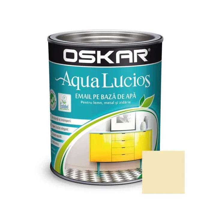 Vopsea pentru lemn / metal, Oskar Aqua Lucios, interior / exterior, pe baza de apa, crem diafan, 2.5 L