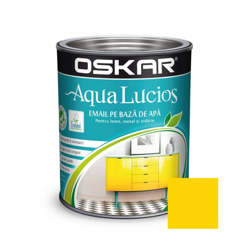 Vopsea pentru lemn / metal, Oskar Aqua Lucios, interior / exterior, pe baza de apa, galben impuls, 0.6 L