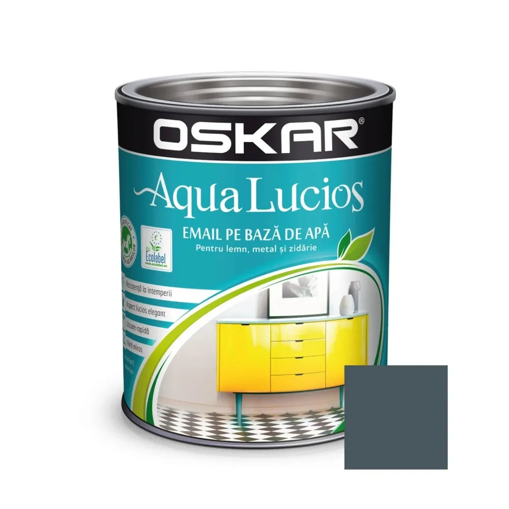 Vopsea pentru lemn / metal, Oskar Aqua Lucios, interior / exterior, pe baza de apa, gri grafit, 0.6 L