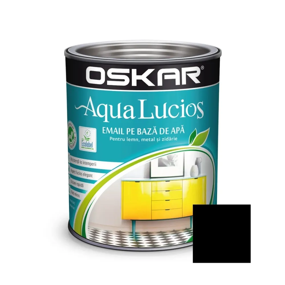 Vopsea pentru lemn / metal, Oskar Aqua Lucios, interior / exterior, pe baza de apa, negru accent, 2.5 L