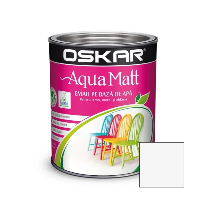 Vopsea pentru lemn / metal, Oskar Aqua Matt, interior / exterior, pe baza de apa, alb contemporan, 0.6 L