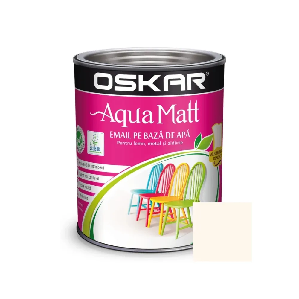 Vopsea pentru lemn / metal, Oskar Aqua Matt, interior / exterior, pe baza de apa, alb murdar designer, 0.6 L