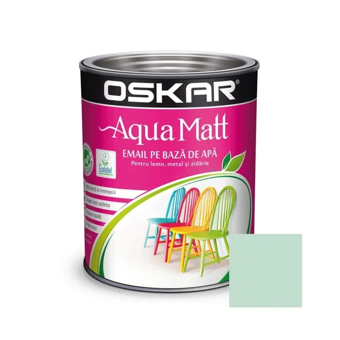 Vopsea pentru lemn / metal, Oskar Aqua Matt, interior / exterior, pe baza de apa, albastru baby blue, 0.6 L