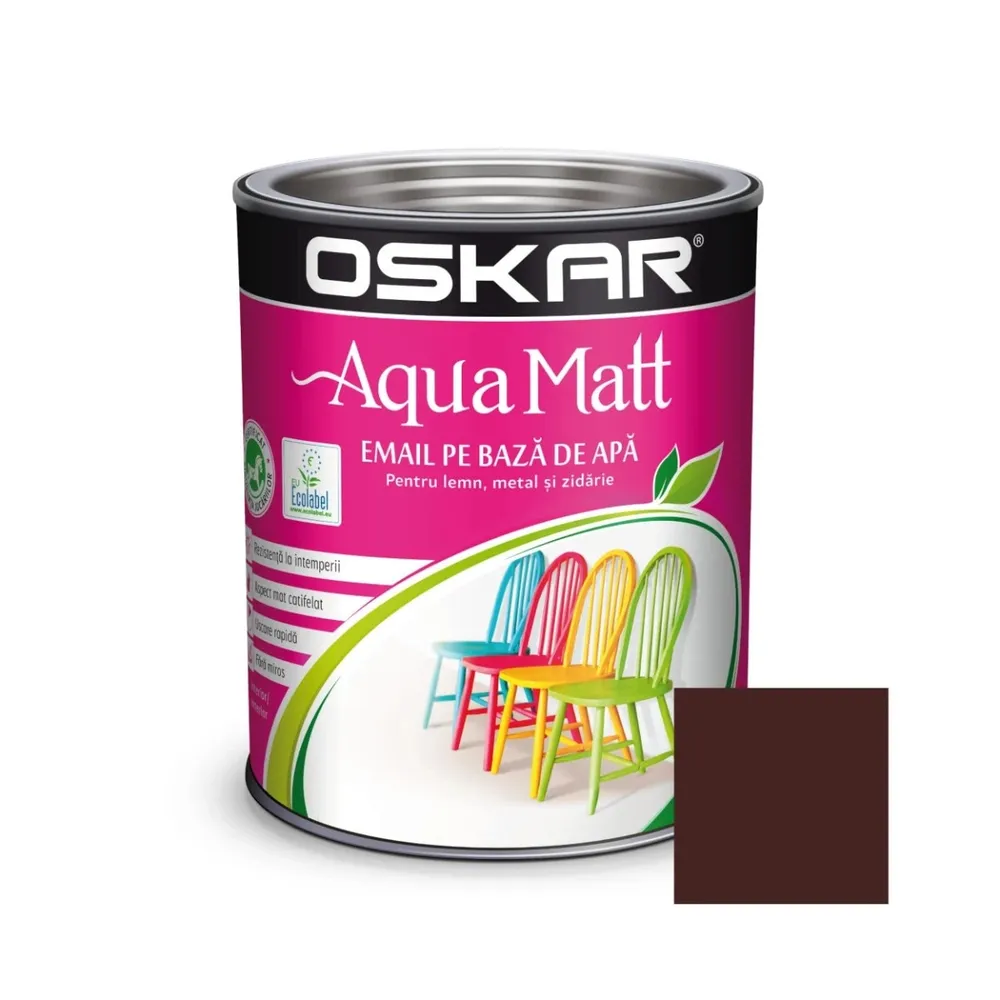 Vopsea pentru lemn / metal, Oskar Aqua Matt, interior / exterior, pe baza de apa, brun puternic, 0.6 L