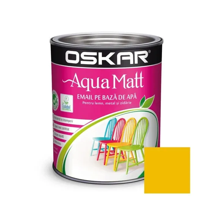 Vopsea pentru lemn / metal, Oskar Aqua Matt, interior / exterior, pe baza de apa, galben pret-a-porter, 0.6 L
