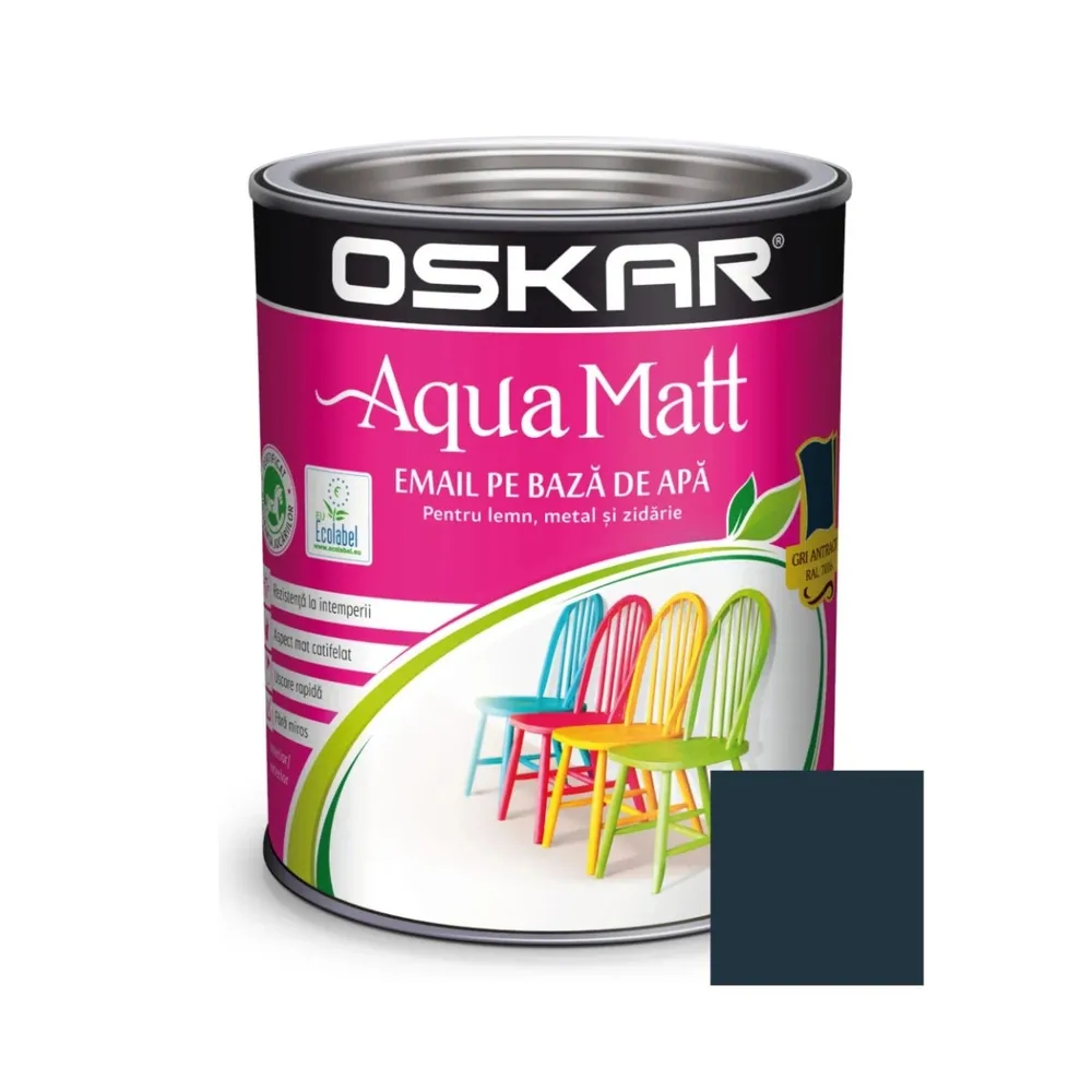 Vopsea pentru lemn / metal, Oskar Aqua Matt, interior / exterior, pe baza de apa, gri antracit, 0.6 L